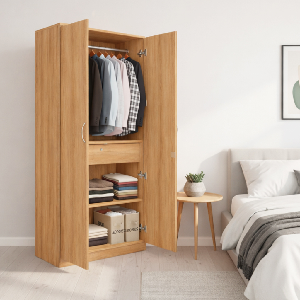 2 Door Wardrobe with Drawer and 1 Hanging Space + Free Sample Kit