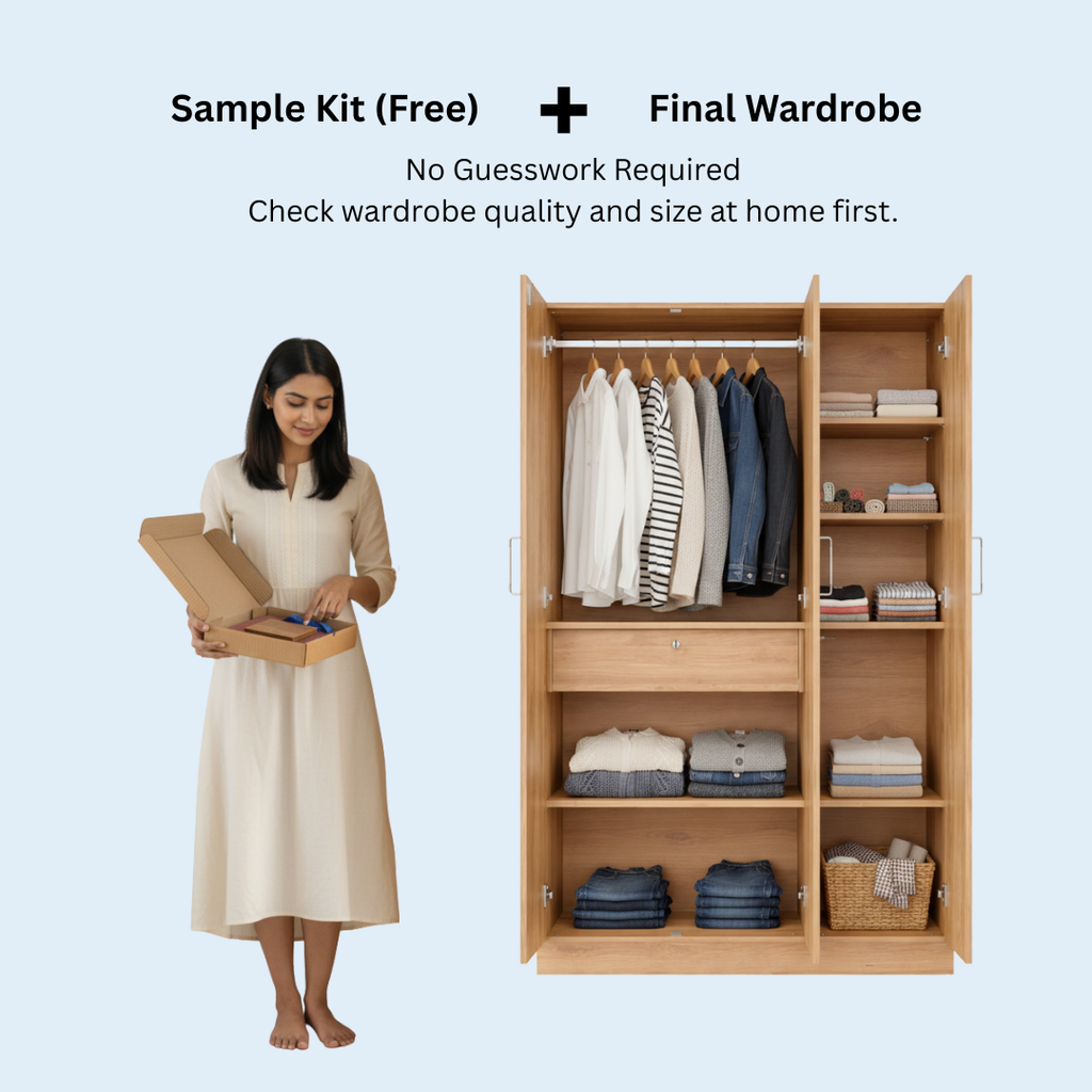 3 Door Wardrobe with Drawer and 1 Hanging Space +  free sample kit