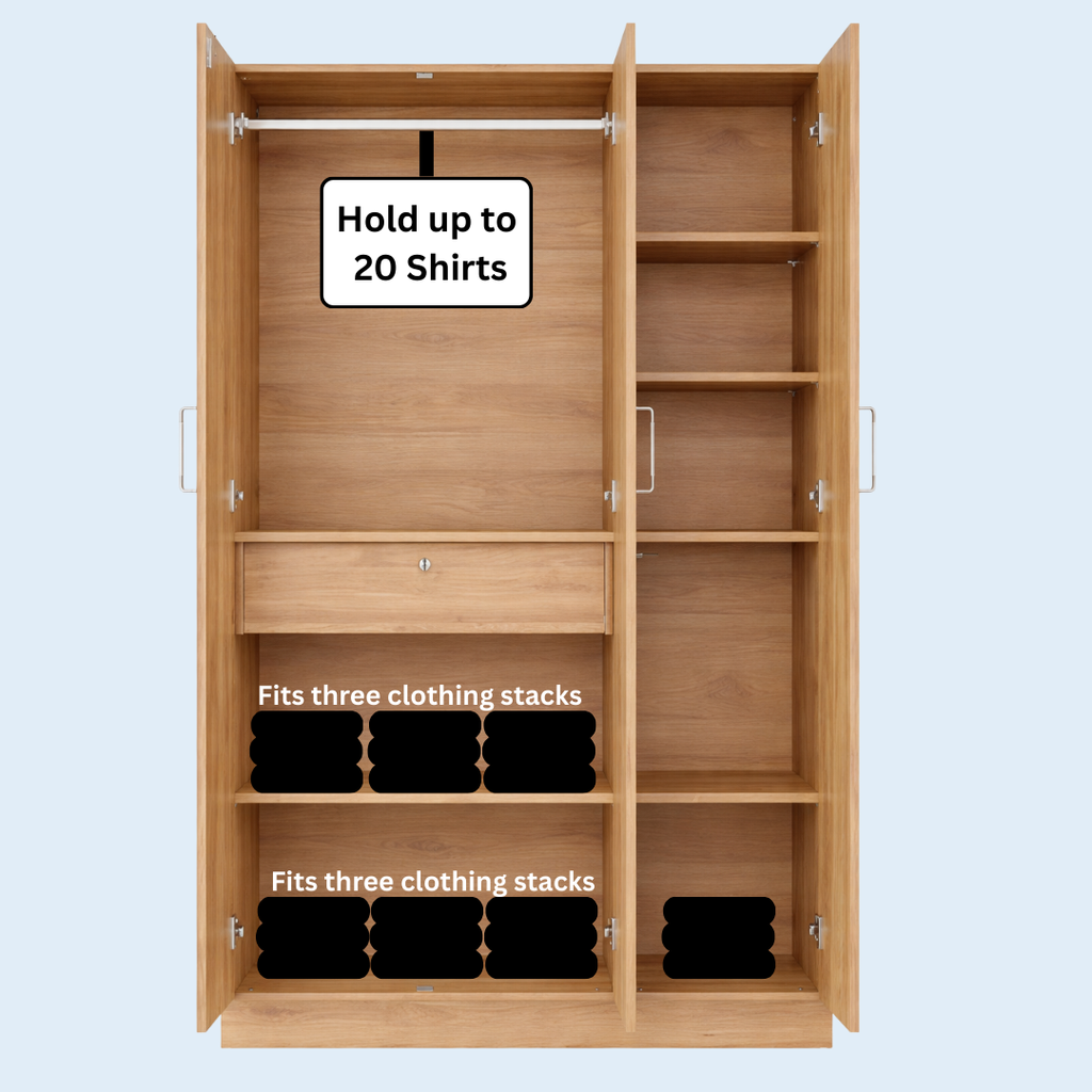 3 Door Wardrobe with Drawer and 1 Hanging Space +  free sample kit