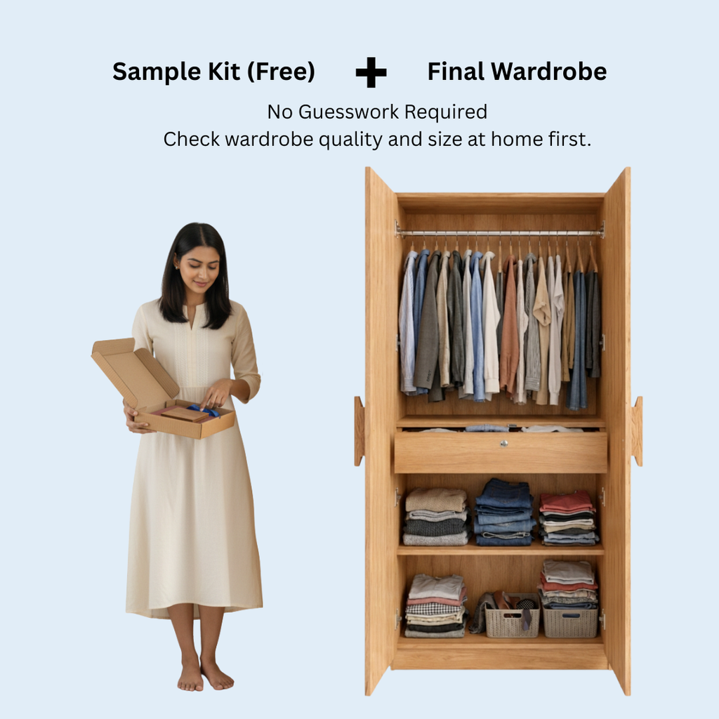 2 door wardrobe with drawer with crafted handle + Free sample kit