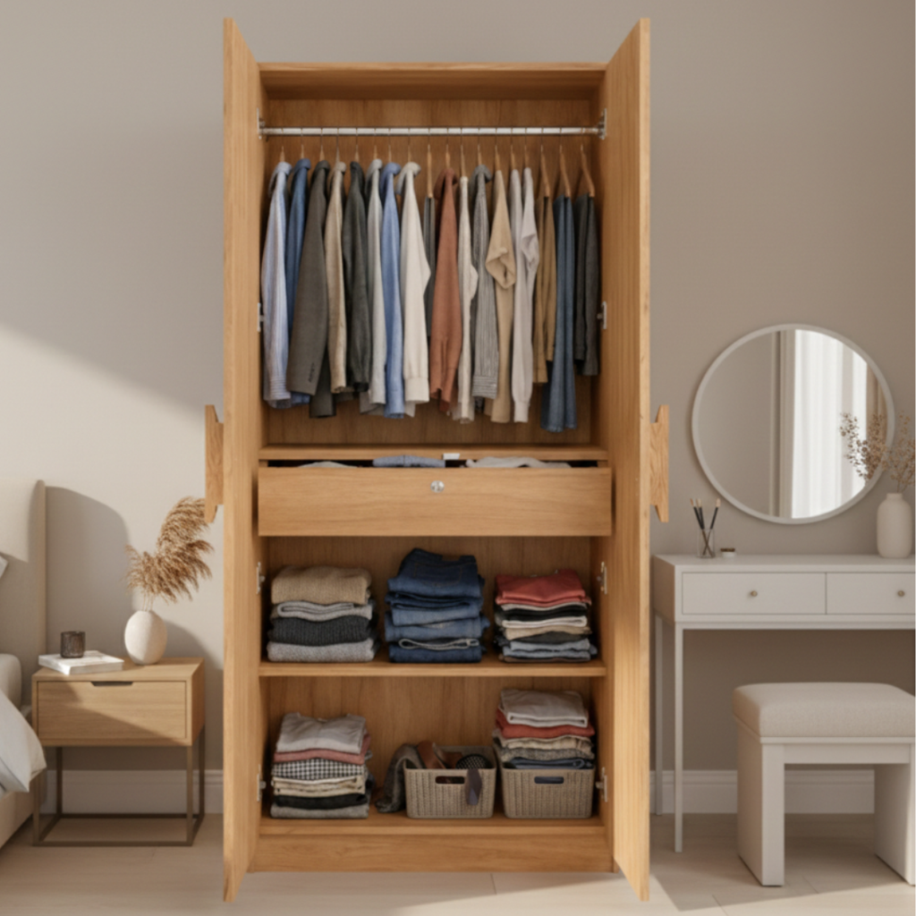 2 door wardrobe with drawer with crafted handle + Free sample kit