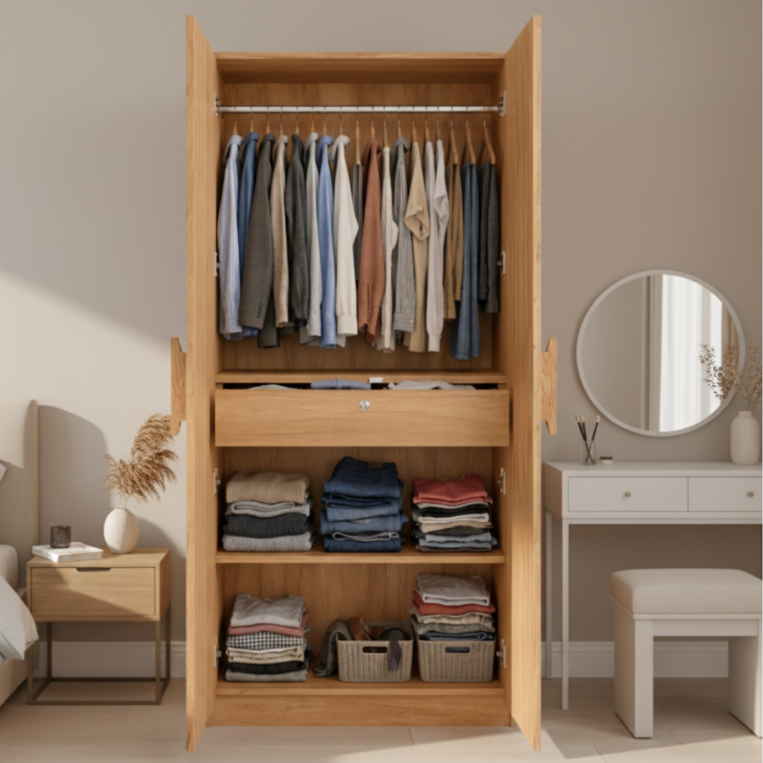 2 door wardrobe with drawer with crafted handle + Free sample kit